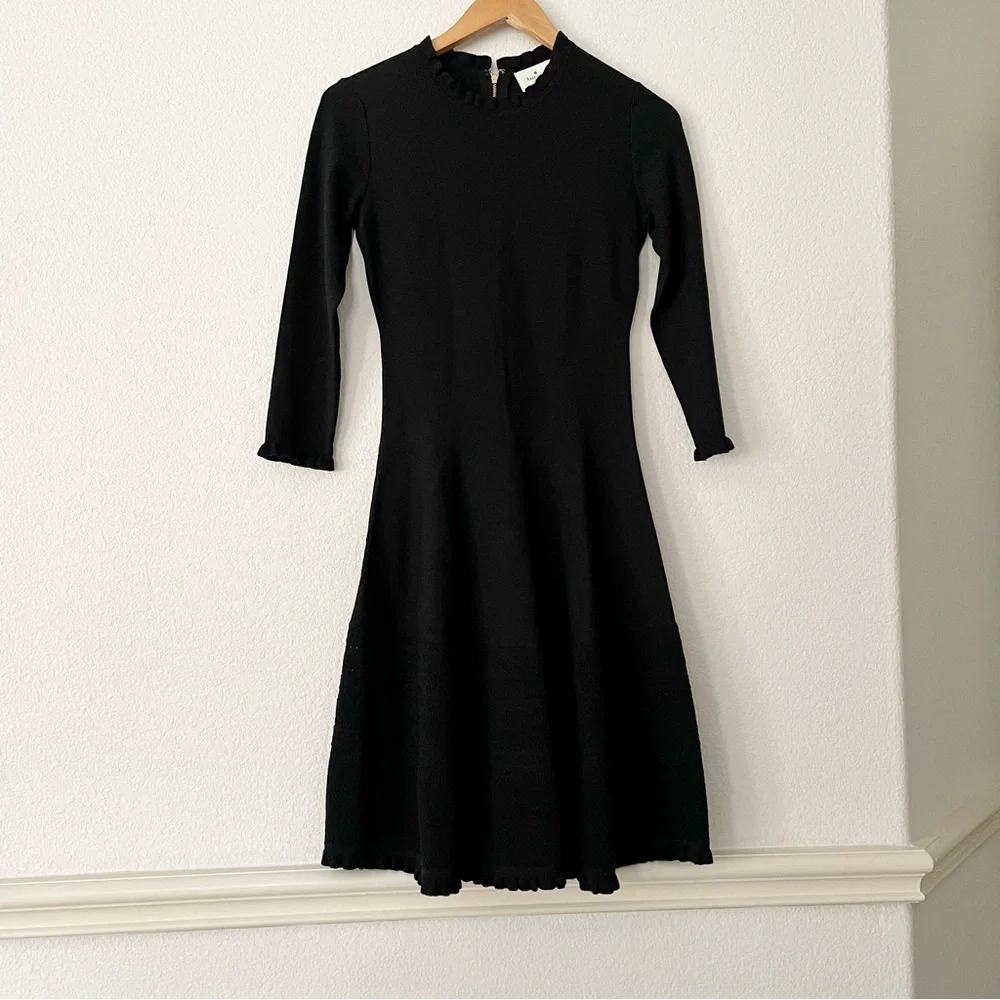 Kate Spade Sweater Dress Knit Pointelle Ruffle Neck Sleeves Fit & Flare Classic